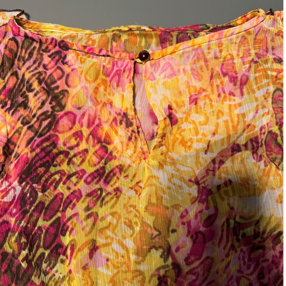 IZ Byer California Ruffle Animal Print Blouse Pink Yellow Sleeveless Small - Picture 8 of 9